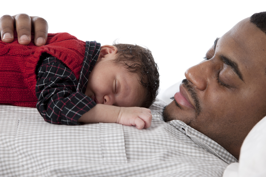 Real People: Father Sleeping Baby Boy African American Head Shou