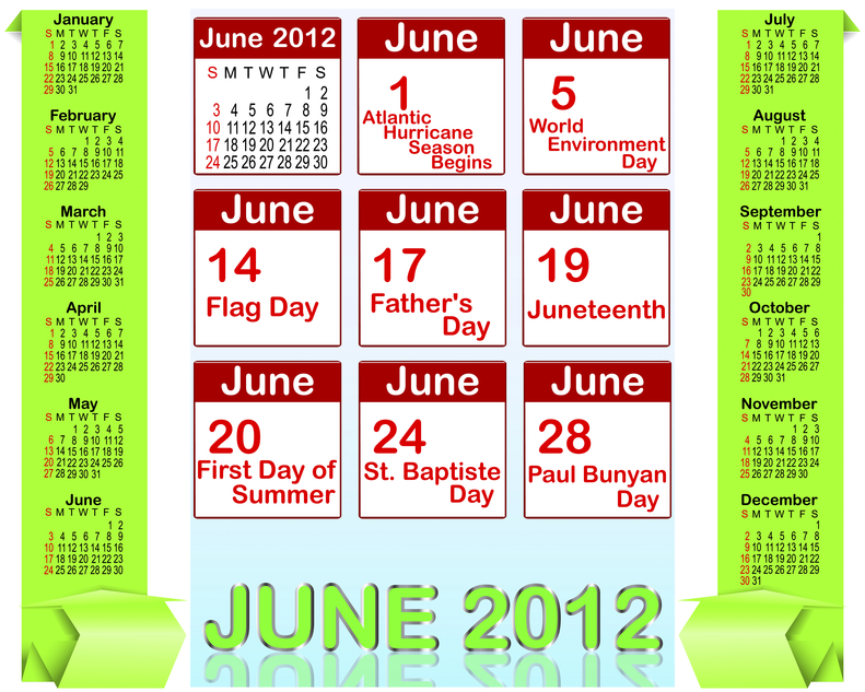 Holiday icons calendars for june 2012.